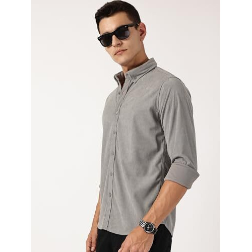 Thomas Scott Mens Slim Fit Corduroy Full Sleeves Casual Shirt (Ts1627_Grey, M)