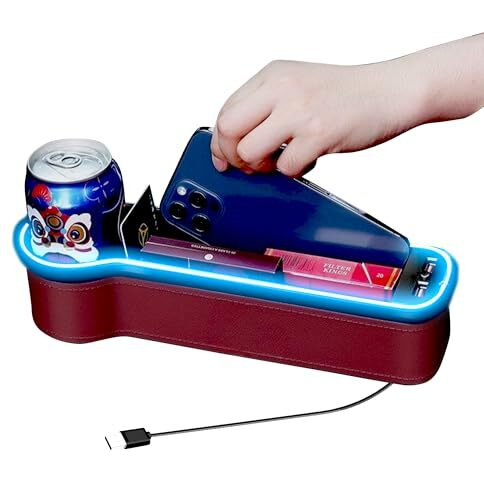 Carbinic Car Seat Gap Filler | Multifunctional Storage Box- Cup Holder & Dual Usb Port | Passenger Seat Version | Console Organizer For Gadgets | 7 Color Led Lights | Car Accessories -1 Pc (Wine Red)