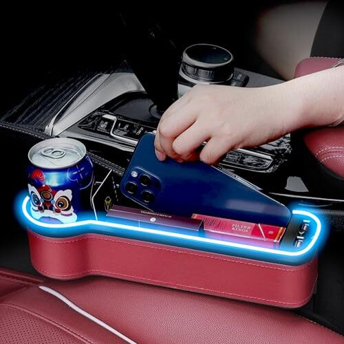 Carbinic Car Seat Gap Filler | Multifunctional Storage Box- Cup Holder & Dual Usb Port | Passenger Seat Version | Console Organizer For Gadgets | 7 Color Led Lights | Car Accessories -1 Pc (Wine Red)