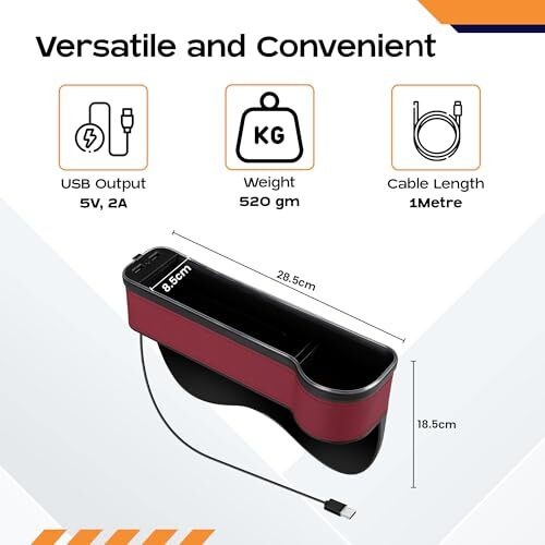 Carbinic Car Seat Gap Filler | Multifunctional Storage Box- Cup Holder & Dual Usb Port | Passenger Seat Version | Console Organizer For Gadgets | 7 Color Led Lights | Car Accessories -1 Pc (Wine Red)