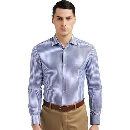 Louis Philippe Men's Cotton Striped Classic Fit-Shirt (Lpsfmclpu37322_Blue,39