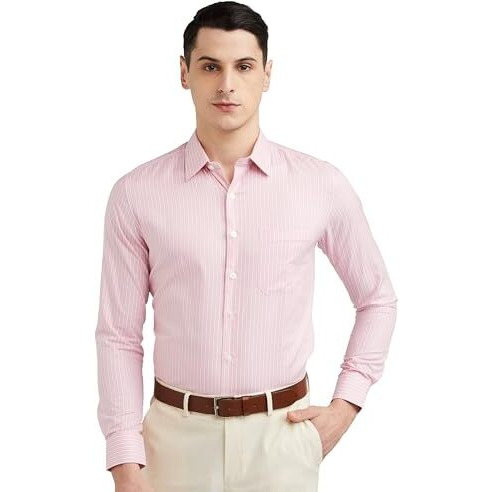 Louis Philippe Men's Cotton Striped Slim Fit Shirt (Lpsfmslfj08257_Peach,42