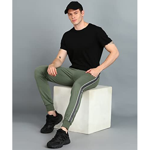 Alan Jones Clothing Men's Tape Cotton Joggers Track Pant (Olive_L)