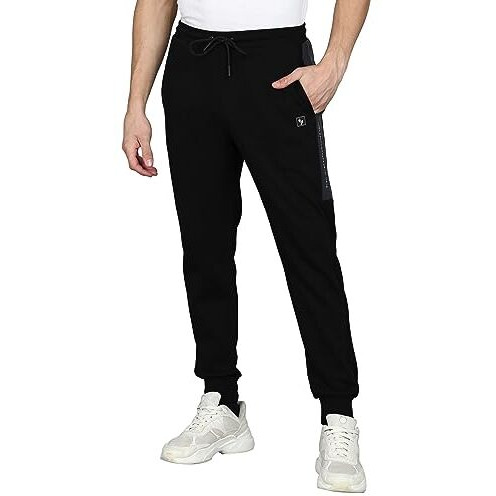 Alan Jones Clothing Men Side Panel Detail Cotton Mid Rise Joggers Track Pant (Black_Xl)