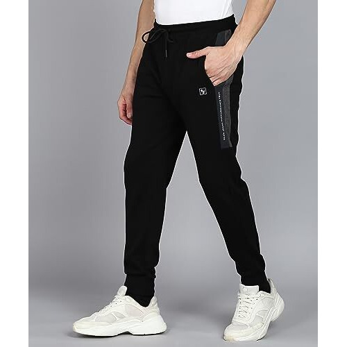 Alan Jones Clothing Men Side Panel Detail Cotton Mid Rise Joggers Track Pant (Black_Xl)