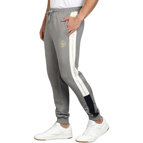 Alan Jones Clothing Men's Solid Joggers With Contrast Panel Joggers Mid Rise Track Pant (Grey_Medium)
