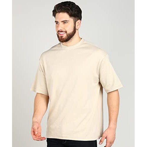 Alan Jones Clothing Men's Solid Cotton Oversized T-Shirt (Sand_M)