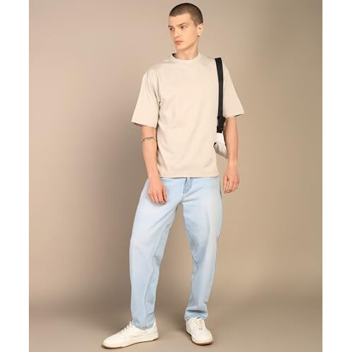 Alan Jones Clothing Crew Neck Half Sleeve Oversized T-Shirt For Men (Light Grey_L)