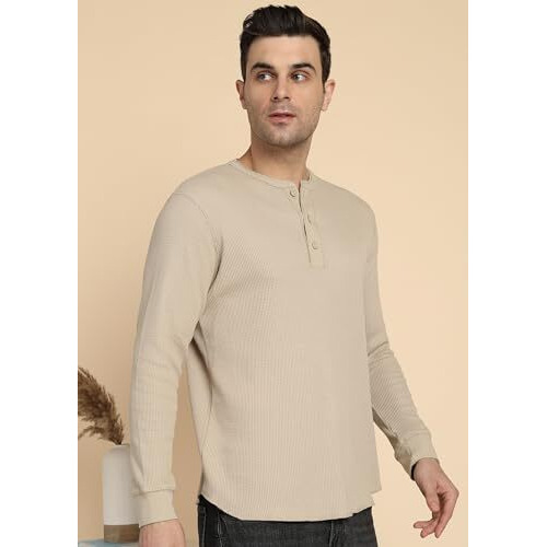 Alan Jones Clothing Men's Waffle Henley Neck Long Sleeve T-Shirt (Beige_M)