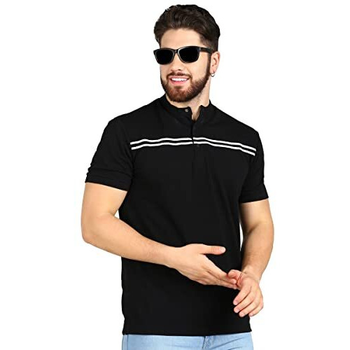 Alan Jones Clothing Men's Mandarin Collar Solid Regular Fit Polo T-Shirt (Black_M)