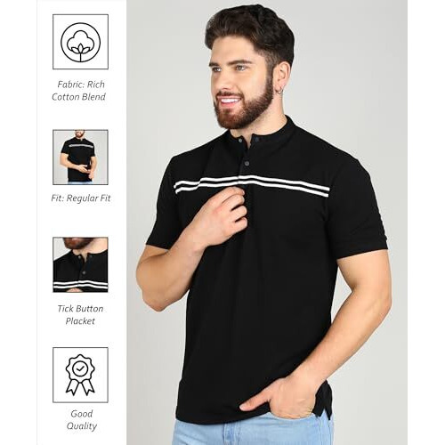 Alan Jones Clothing Men's Mandarin Collar Solid Regular Fit Polo T-Shirt (Black_M)