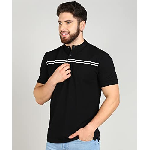Alan Jones Clothing Men's Mandarin Collar Solid Regular Fit Polo T-Shirt (Black_M)