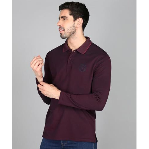 Alan Jones Clothing Men's Solid Full Sleeves Polo Regular Fit T-Shirt (L_Mulberry Mix)
