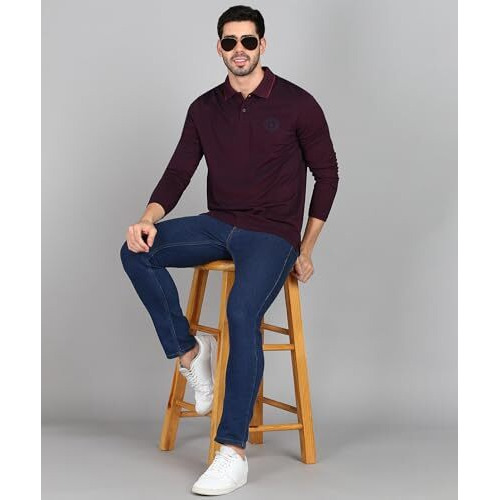 Alan Jones Clothing Men's Solid Full Sleeves Polo Regular Fit T-Shirt (L_Mulberry Mix)