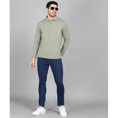Alan Jones Clothing Men's Solid Full Sleeves Polo Regular Fit T-Shirt (M_Pista)