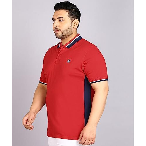Alan Jones Clothing Cotton Blend Colorblock Polo Collar Regular Fit T-Shirt For Plus Size Men (Red_2Xl)