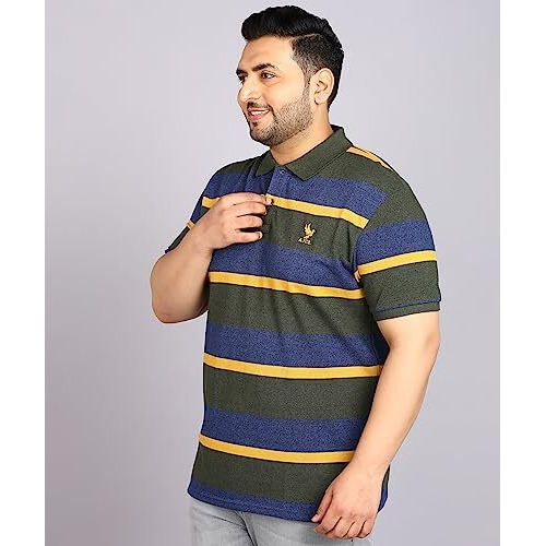 Alan Jones Clothing Striped Polo Collar Regular Fit T-Shirt For Plus Size Men (Dark Green_2Xl)