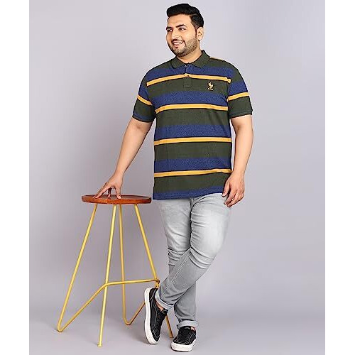 Alan Jones Clothing Striped Polo Collar Regular Fit T-Shirt For Plus Size Men (Dark Green_2Xl)