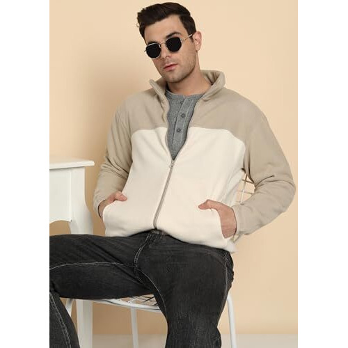 Alan Jones Clothing Men's Solid Stand Collar Fleece Full Zip Standard Length Jacket (Beige_L)