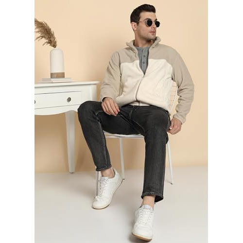 Alan Jones Clothing Men's Solid Stand Collar Fleece Full Zip Standard Length Jacket (Beige_L)