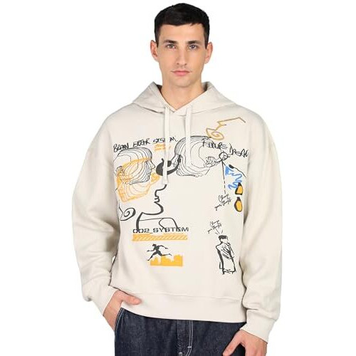 Alan Jones Clothing Abstract Print Men's Oversize Cotton Blend Classic Fit Hoodies (Off White_Large)