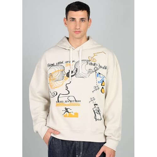 Alan Jones Clothing Abstract Print Men's Oversize Cotton Blend Classic Fit Hoodies (Off White_Large)