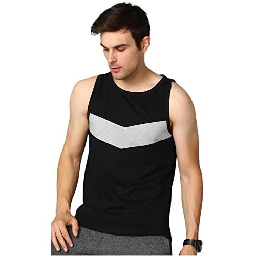 Alan Jones Clothing Men's Cotton Colorblocked Sleeveless T-Shirt (Black_M)