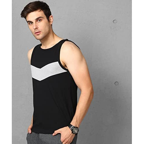 Alan Jones Clothing Men's Cotton Colorblocked Sleeveless T-Shirt (Black_M)