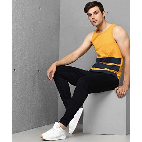 Alan Jones Clothing Men's Cotton Sleeveless Regular Fit T-Shirt (M_Gold)