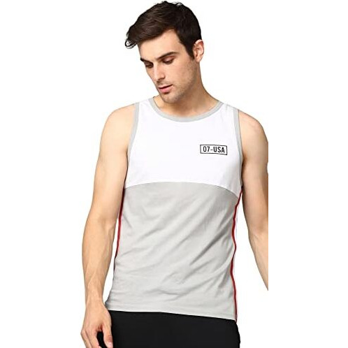 Alan Jones Clothing Men's Cotton Colorblocked Sleeveless Regular Fit T-Shirt (M_White, Grey)