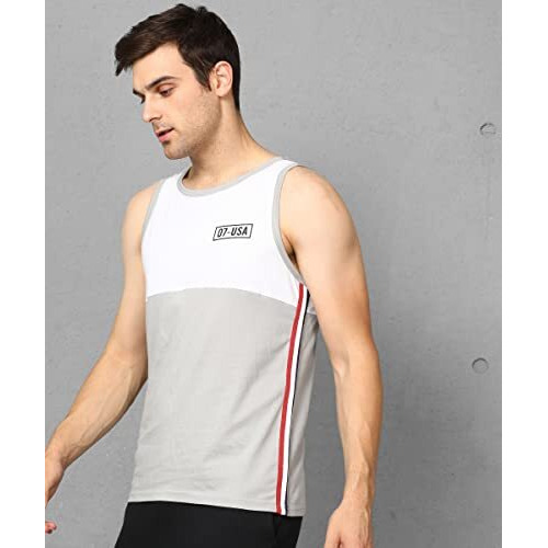 Alan Jones Clothing Men's Cotton Colorblocked Sleeveless Regular Fit T-Shirt (M_White, Grey)