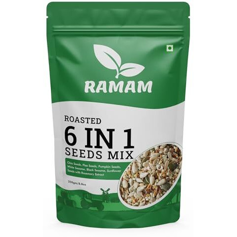 Ramam Premium 6-In-1 Super Seeds Mix | Roasted & Ready-To-Eat | Chia, Flax, Pumpkin, Sunflower, White & Black Sesame | High Protein & Fiber | Healthy Snack & Topping | 250G Pack