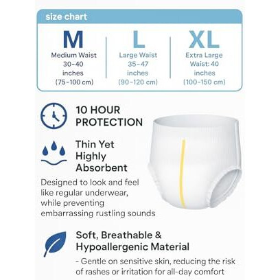 Caresouth Adult Diaper Pants Medium (10 Count) | Organic & Ultra Absorbent | 10-Hour Leak Proof Protection | Skin-Friendly & Rash-Free | Soft Comfort Fit | Waist 75-100Cm (30-40") | Unisex