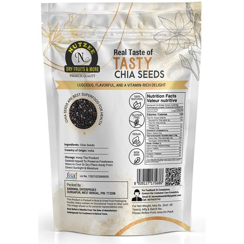 Nutzee Chia Seeds | Superfood For Weight Management & Healthy Eating | Rich In Calcium, Protein & Fiber | Omega-3 & Antioxidants | Raw & Unprocessed (250 Gram)
