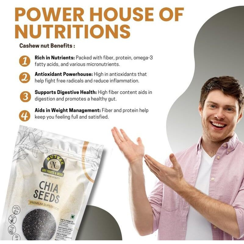 Nutzee Chia Seeds | Superfood For Weight Management & Healthy Eating | Rich In Calcium, Protein & Fiber | Omega-3 & Antioxidants | Raw & Unprocessed (250 Gram)