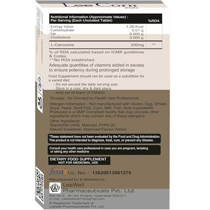 Leecorn 200 Chewable L Carnosine 200Mg | Brain Booster Health Supplement | Advanced Glycation End Products | Helps Cognition Decline & Learning Disabilities Support | Autism Care, Age-Related Muscle Fatigue Recovery | Exercise Performance Energy Enhancer Supplements - 30 Tablets