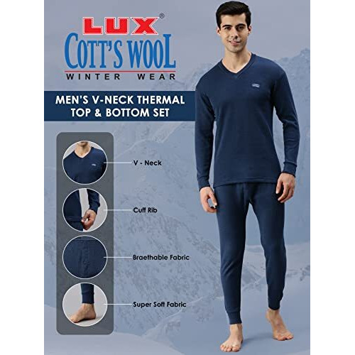 Lux Cottswool Men's Blue1 V Neck Full Sleeves Premium Thermal Top (Size  95Cm)
