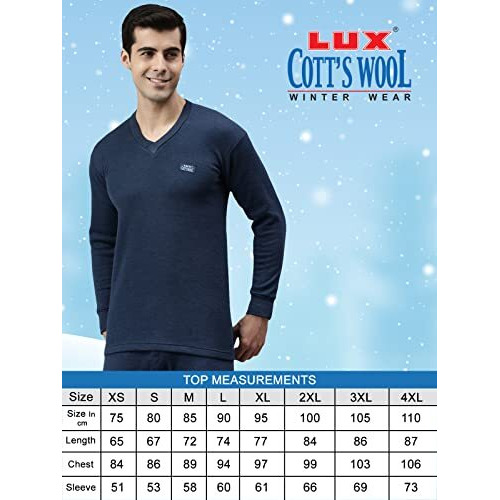 Lux Cottswool Men's Blue1 V Neck Full Sleeves Premium Thermal Top (Size  95Cm)