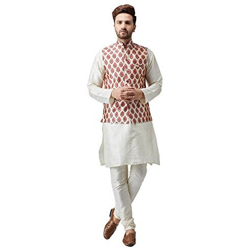 Sojanya (Since 1958 Men's Silk Off-White Kurta Pyjama & Maroon Printed Nehru Jacket Set Size L