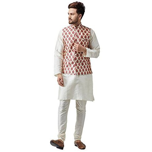 Sojanya (Since 1958 Men's Silk Off-White Kurta Pyjama & Maroon Printed Nehru Jacket Set Size L