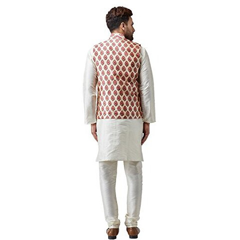 Sojanya (Since 1958 Men's Silk Off-White Kurta Pyjama & Maroon Printed Nehru Jacket Set Size L