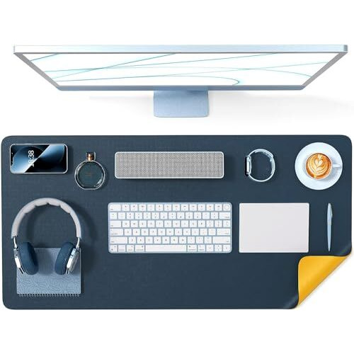 Hago Laptop Accessories - Waterproof Gaming Mouse Pad, Vegan Pu Leather Table Mat, Ideal For Work And Gaming (35 X 60 Cm, Navy Blue & Yellow)