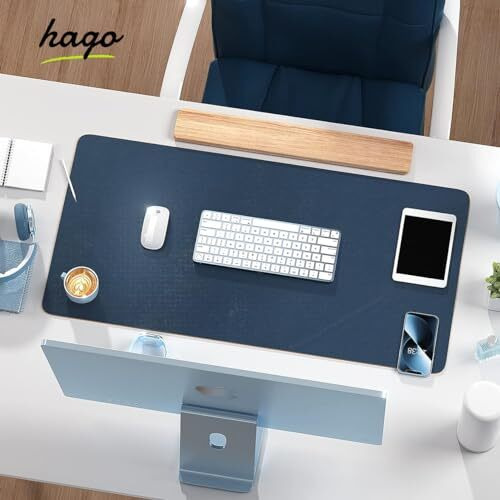 Hago Laptop Accessories - Waterproof Gaming Mouse Pad, Vegan Pu Leather Table Mat, Ideal For Work And Gaming (35 X 60 Cm, Navy Blue & Yellow)