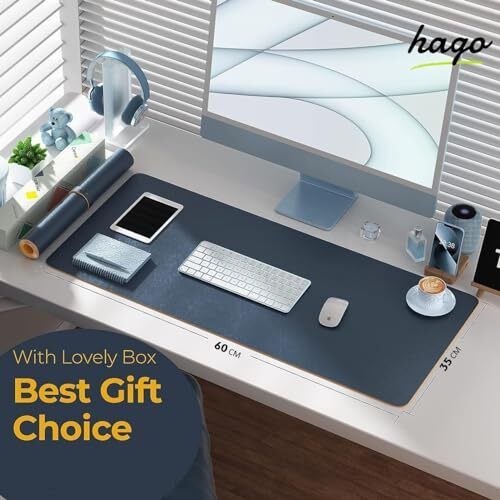 Hago Laptop Accessories - Waterproof Gaming Mouse Pad, Vegan Pu Leather Table Mat, Ideal For Work And Gaming (35 X 60 Cm, Navy Blue & Yellow)