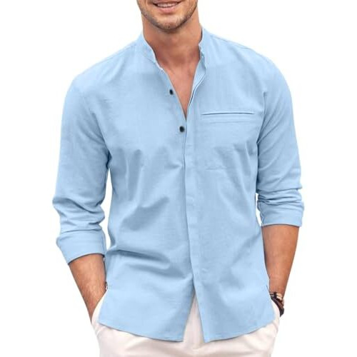 Bellstone Mens Casual Button Down Shirt | Cotton Luster Long Sleeves Shirts | Mandarin Collared Shirts Sky Blue