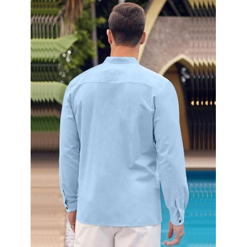 Bellstone Mens Casual Button Down Shirt | Cotton Luster Long Sleeves Shirts | Mandarin Collared Shirts Sky Blue
