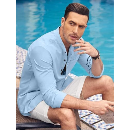 Bellstone Mens Casual Button Down Shirt | Cotton Luster Long Sleeves Shirts | Mandarin Collared Shirts Sky Blue