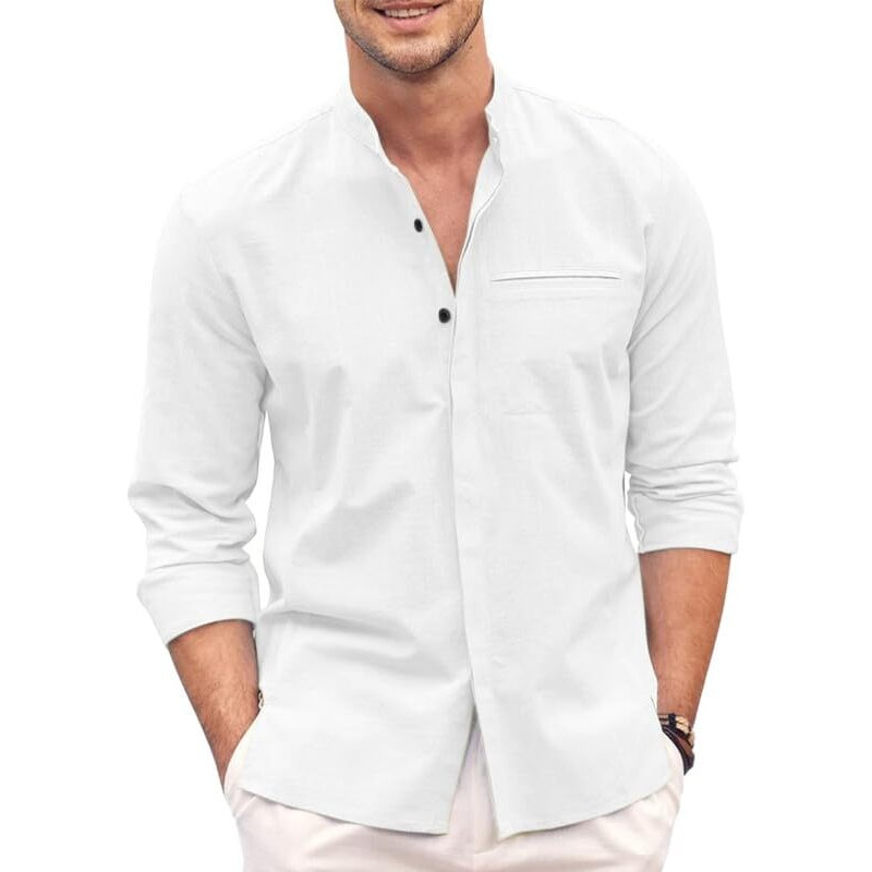 Hemilique Mens Casual Button Down Regular Fit Shirt | Cotton Luster Long Sleeves Shirts | Mandarin Collared Shirts White