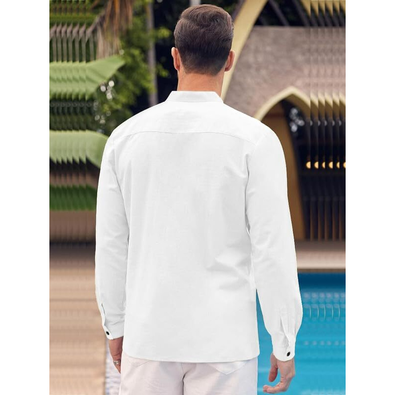 Hemilique Mens Casual Button Down Regular Fit Shirt | Cotton Luster Long Sleeves Shirts | Mandarin Collared Shirts White