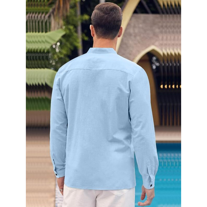 Madhavista Mens Casual Button Down Regular Fit Shirt | Cotton Luster Long Sleeves Shirts | Mandarin Collared Shirts Sky Blue, Large